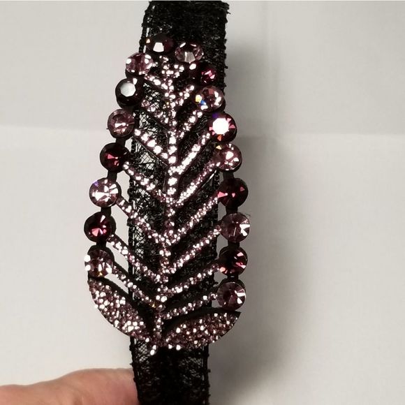 Purple Crystals Leaf Black Lace Hair Band - Picture 6 of 8